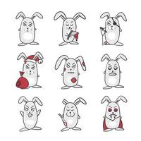 Set of funny rabbits. Evil characters - stickers on white background. Symbol of 2023. Can be used for Halloween and New Year postcard design. vector