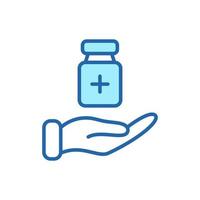 Medical Donation Linear Icon. Humanitarian Aid for Needy, Poor, Homeless and Sick. Hand Line Icon and Medical Supplies. Charity and Donation Concept. Editable Stroke. Vector illustration.