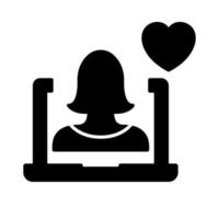 Online Help Silhouette Icon. Computer Psychologist Support and Therapy with Heart Black Pictogram. Virtual Woman Operator Icon. Donate Concept. Isolated Vector Illustration.
