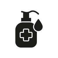 Hand Sanitizer Bottle Silhouette Icon. Hygiene Product Black Icon. Antiseptic Liquid or Sanitizer Gel for Kill Bacteria, Fungi. Disinfection Alcohol Bottle with Pump. Isolated Vector illustration.