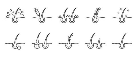 Hair Care and Loss Problem. Hair Cosmetic Line Icons. Shampoo, Dandruff, Haircut, Growth and Alopecia Outline Icon. Treatment and Problem of Hair. Editable Stroke. Isolated Vector illustration.