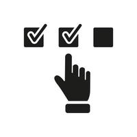 Questionnaire Black Icon. Hand Tick Checkmark Silhouette Icon. Choice Checkbox in Checklist. Finger Choice Check List Pictogram. Digital Application. Isolated Vector Illustration.