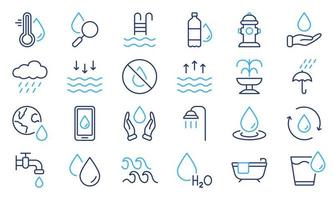 agua mineral, marea baja y alta, ducha, botella de plástico y pictograma de contorno de vidrio. boca de incendios y fuente. conjunto de iconos de línea de agua. icono lineal de gota de agua. trazo editable. ilustración vectorial vector