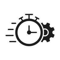 rueda dentada y fecha límite de tiempo de reloj, configuración, pictograma del concepto de eficiencia de control. engranaje y reloj icono negro. icono de silueta de proceso de optimización. ilustración vectorial aislada. vector