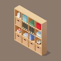 Isometric wooden shelves with books and objects decoration vector