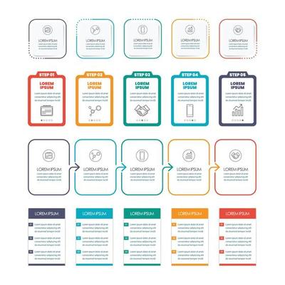 Infographic thin line frame with five steps square template