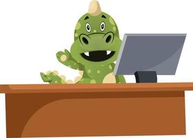 Green dragon is watching at computer screen, illustration, vector on white background.