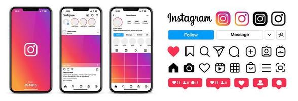 Instagram mockup app template screens on Apple iPhone vector set. Instagram new update interface on realistic smartphone, profile, photo, message, story. Editable text and blank frames. Stock vector.
