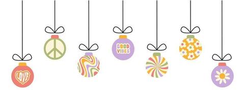 Retro horizontal banner with hanging groovy christmas balls isolated on a white background. Holiday Vector illustration in style 60s, 70s. Pastel colors