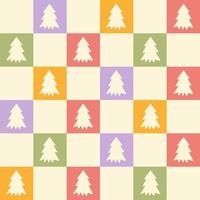 Retro groovy Christmas seamless pattern in style 60s, 70s. Trendy checkered background with geometric fir tree. Vector illustration. Pastel colors