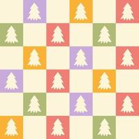 Retro groovy Christmas seamless pattern in style 60s, 70s. Trendy checkered background with geometric fir tree. Vector illustration. Pastel colors