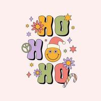 Hippie Christmas vector illustration with colorful text, daisy flowers, smiling face in Santa hat. Retro groovy print in style 70s, 80s.