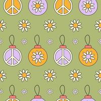 Christmas seamless pattern with retro groovy balls and daisy flowers on a green background. Holiday winter print in style hippie 60s, 70s. Vector illustration.