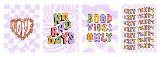 Retro groovy set wavy and checkered vertical backgrounds with text. Hippie psychedelic prints in style 70s, 80s. Pastel colors. Trendy vector illustration