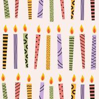 Abstract seamless pattern of birthday cake candles with lines and dots on a pastel background. Vector print for greeting postcard backdrop, festive wrapping paper for presents and gifts