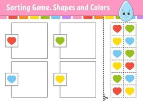 Sorting game. Shapes and colors. Cut and glue. Education developing worksheet. Game for kids. Color activity page. Puzzle for children. Cute character. Vector illustration. cartoon style.