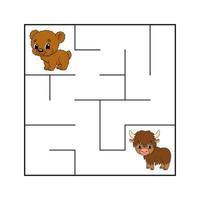 Simple square maze for toddlers. With cute cartoon characters. Isolated on white background. Vector illustration.