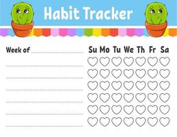 Habit tracker for kids. Sheet template for printing. With cute character. Vector illustration.