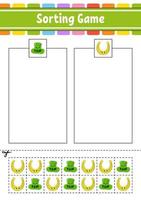 Sorting game for kids. Cut and glue. Education developing worksheet. Matching game for kids. Color activity page. Puzzle for children. Cute character. Vector illustration.