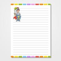 Sheet template for notebook, notepad, diary. Lined paper. Cute character. With a color image. cartoon style. Vector illustration.