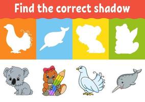 Find the correct shadow. Education worksheet. Matching game for kids. Color activity page. Puzzle for children. cartoon character. Isolated vector illustration.