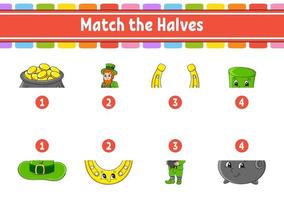 Match the halves. Education developing worksheet. Matching game for kids. Color activity page. Riddle for children. Cute character. Vector illustration.