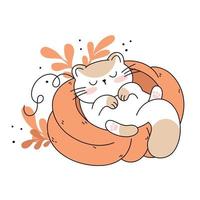 dibuja un gato divertido durmiendo en una calabaza gato kawaii con calabaza para acción de gracias y colección de personajes de gato de ilustración vectorial de otoño. estilo de dibujos animados de fideos. vector