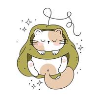 dibuja un gato divertido durmiendo en una calabaza gato kawaii con calabaza para acción de gracias y colección de personajes de gato de ilustración vectorial de otoño. estilo de dibujos animados de fideos. vector