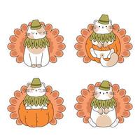 Draw funny cats  in a thanksgiving pumpkin turkey kawaii cat with pumpkin for thanksgiving and autumn fall vector illustration cat character collection. Doodle cartoon style.