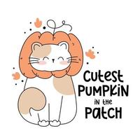 dibuja un gato divertido con un sombrero de calabaza gato kawaii con calabaza para acción de gracias y colección de personajes de gato de ilustración vectorial de otoño. estilo de dibujos animados de fideos. vector