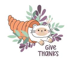 Draw funny cat  in a thanksgiving cornucopia kawaii cat with pumpkin for thanksgiving and autumn fall vector illustration cat character collection. Doodle cartoon style.