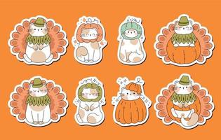 dibuja divertidas pegatinas con gatos en un pavo de calabaza de acción de gracias gato kawaii con calabaza para acción de gracias y colección de personajes de gato de ilustración vectorial de otoño. estilo de dibujos animados de fideos. vector