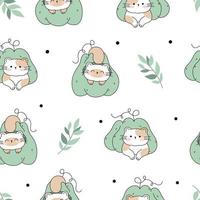 Draw  seamless pattern with cute cats thanksgiving autumn fall  and pumpkins on white background Doodle cartoon style vector