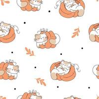 dibujar patrones sin fisuras con gatos lindos acción de gracias otoño otoño y calabazas sobre fondo blanco estilo de dibujos animados de garabatos vector