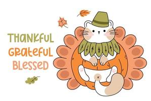 Draw funny cat  in a thanksgiving pumpkin turkey kawaii cat with pumpkin for thanksgiving and autumn fall vector illustration cat character collection. Doodle cartoon style.