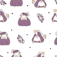 Draw  seamless pattern with cute cats thanksgiving autumn fall  and pumpkins on white background Doodle cartoon style vector