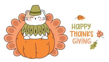 Draw funny cat  in a thanksgiving pumpkin turkey kawaii cat with pumpkin for thanksgiving and autumn fall vector illustration cat character collection. Doodle cartoon style.