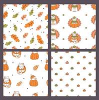 Draw Set  of seamless patterns with cute cats thanksgiving turkey  pumpkins on white background Doodle cartoon style vector