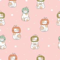 Draw  seamless pattern with cute cats thanksgiving autumn fall  and pumpkins on pink pastel background Doodle cartoon style vector