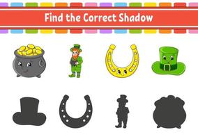 Find the correct shadow. Education developing worksheet. Matching game for kids. Color activity page. Puzzle for children. Cute character. Vector illustration.