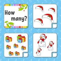 Counting game for children. Happy characters. Learning mathematics. How many object in the picture. Education worksheet. Christmas theme. Isolated vector illustration in cute cartoon style.