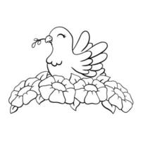 A cute dove with an olive branch in its beak. Coloring page for kids. Digital stamp. Cartoon style character. Vector illustration isolated on white background.