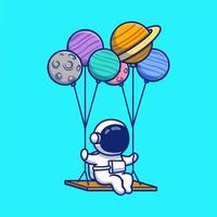 Cute Astronaut Swinging With Planets Cartoon Vector Icon Illustration. Space Astronaut Icon Concept Isolated Premium Vector. Flat Cartoon Style