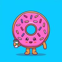 Cute Donut Holding Coffee Cartoon Vector Icon Illustration. Food Character Icon Concept Isolated Premium Vector. Flat Cartoon Style