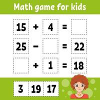 juego de matemáticas para niños. hoja de trabajo de desarrollo educativo. página de actividades con imágenes. juego para niños. Ilustración de vector aislado de color. personaje divertido. estilo de dibujos animados.