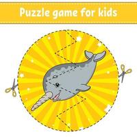 Cut and play. Round puzzle. Logic puzzle for kids. Activity page. Cutting practice for preschool. cartoon character. Vector illustration.