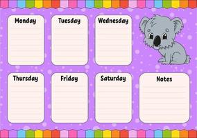 School schedule. Timetable for schoolboys. Empty template. Weekly planer with notes. Isolated color vector illustration. cartoon character.