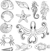 Cartoon Underwater Hand Drawn Vector Illustration Objects Set