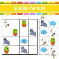 sudoku para niños. hoja de trabajo de desarrollo educativo. página de actividades con imágenes. juego de rompecabezas para niños. entrenamiento del pensamiento lógico. personaje divertido ilustración vectorial vector