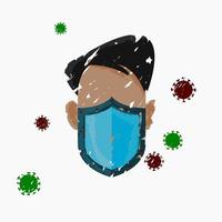 Editable Isolated Vector Illustration of a Male Character Using Mask as Shield from Viruses in Brush Strokes Style for Artwork Element of Healthcare and Medical Related Design